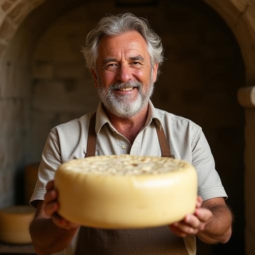 Marco, il mastro casaro, con una forma di pecorino.